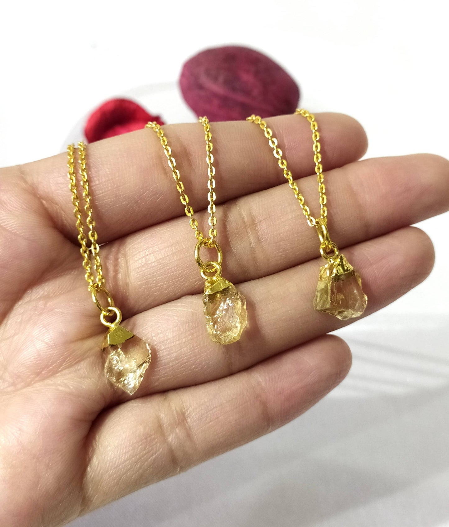 three raw citrine crystal solar energy necklace close-up detail
