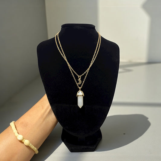 Lunar charm and faux moonstone layered necklace for balance and new beginnings