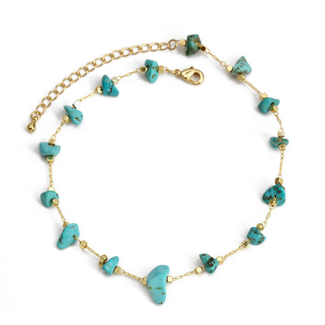 Bohemian colorful crystal anklet with natural turquoise stones.
