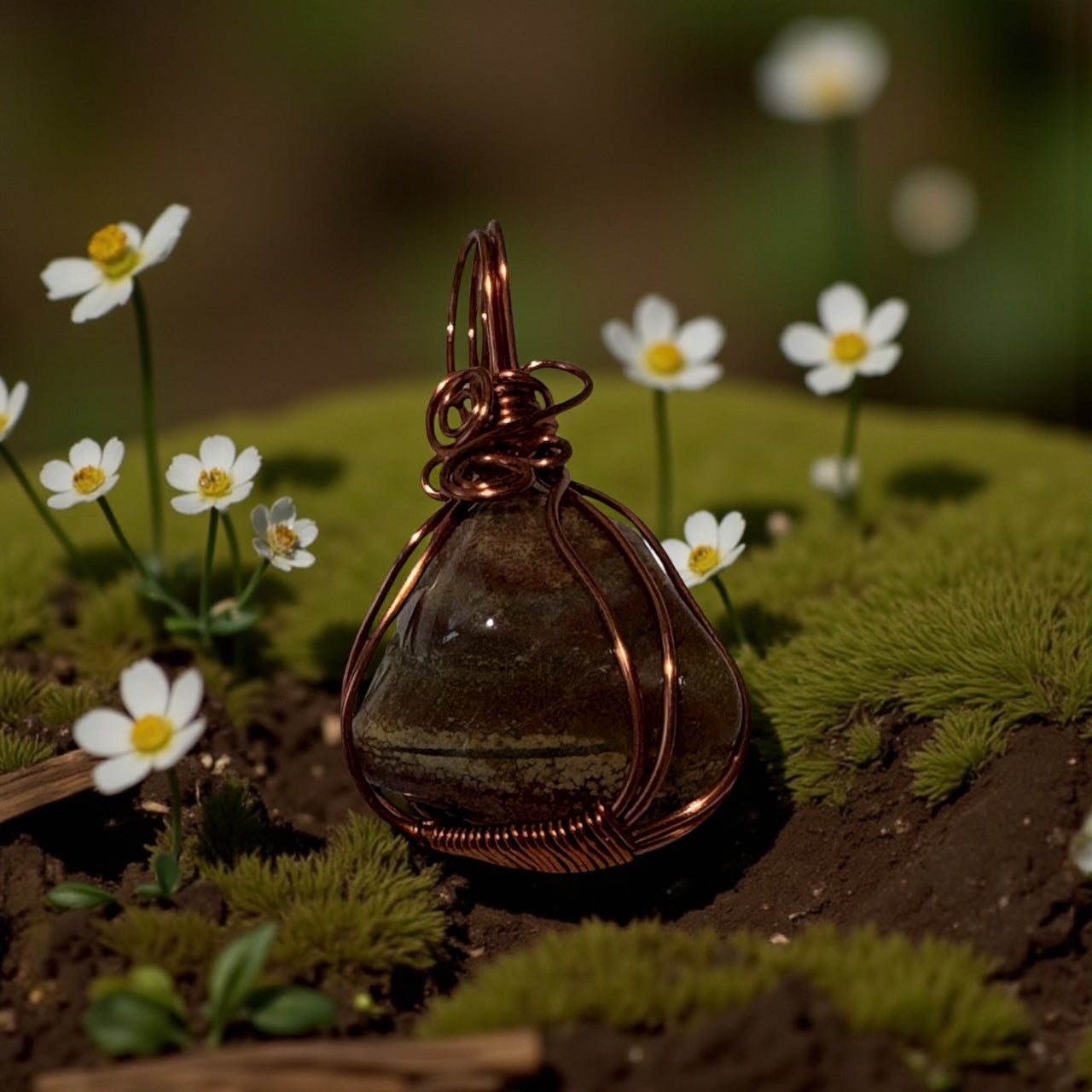 Amber glass pendant with copper wire wrapping on a natural background with white flowers.