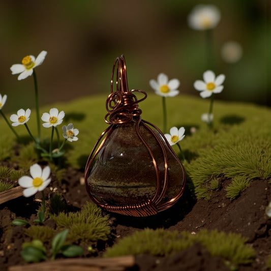 Amber glass pendant with copper wire wrapping on a natural background with white flowers.