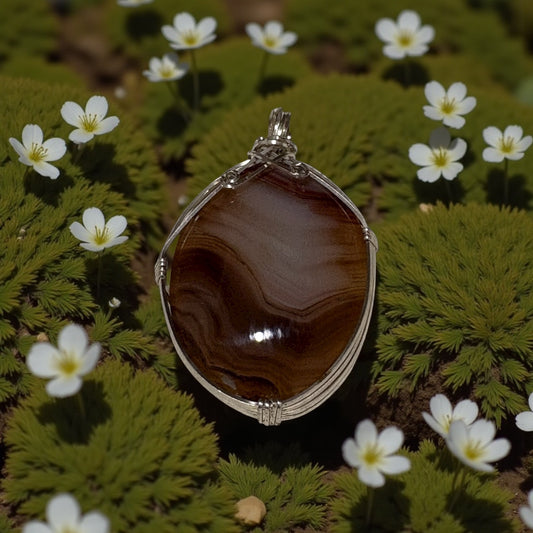 Brown stone pendant with silver frame on green foliage and white flowers