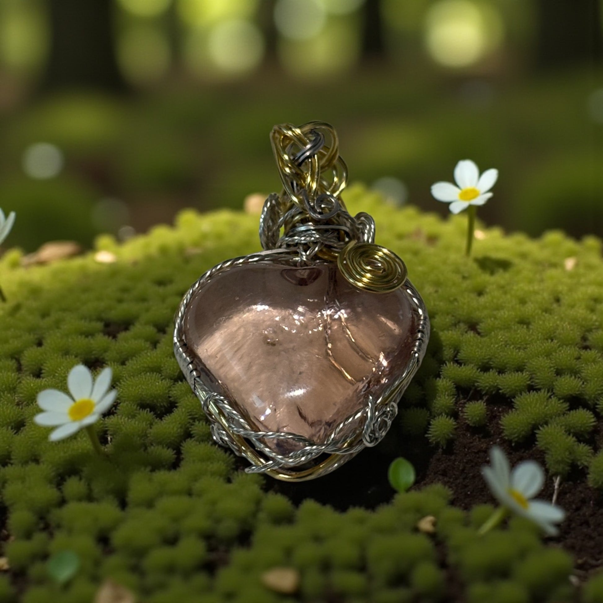 Heart-shaped pendant with gold accents on a bed of green moss and small white flowers.