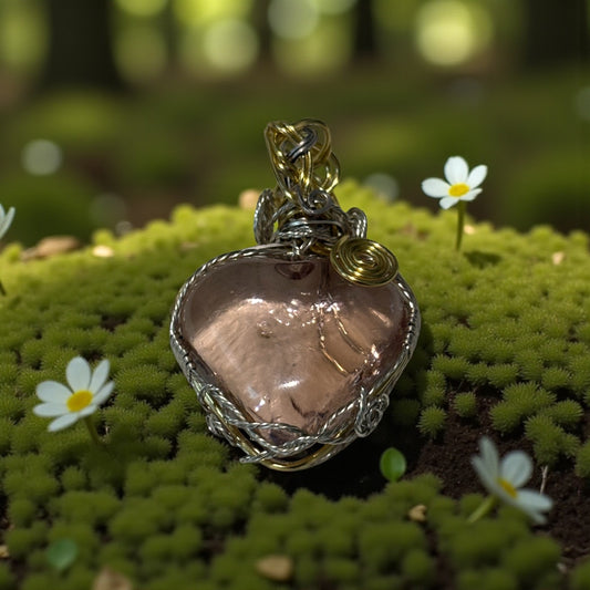 Heart-shaped pendant with gold accents on a bed of green moss and small white flowers.