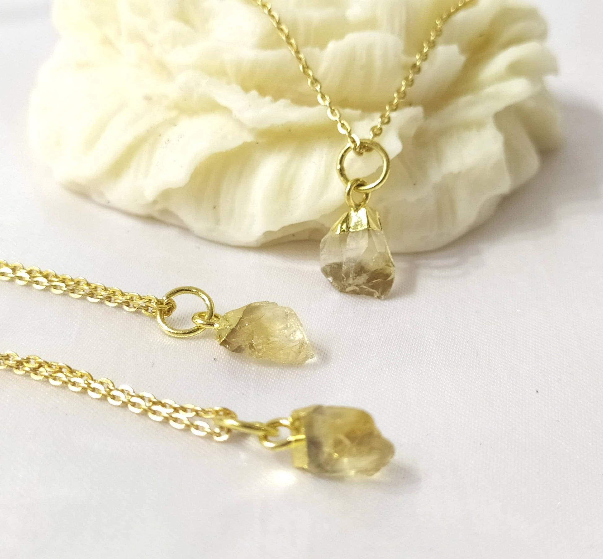 three Solar energy necklace raw citrine stone detail
