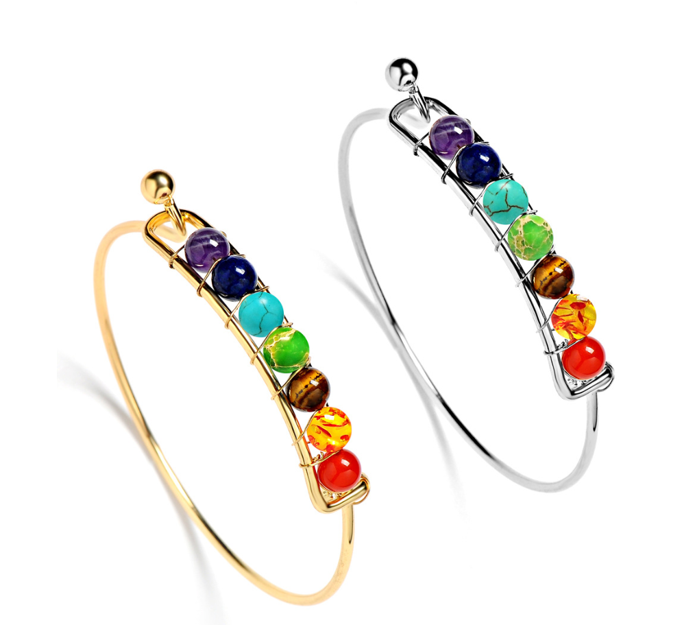 Hand woven bracelet in silver and gold with 7 chakra spherical gemstones