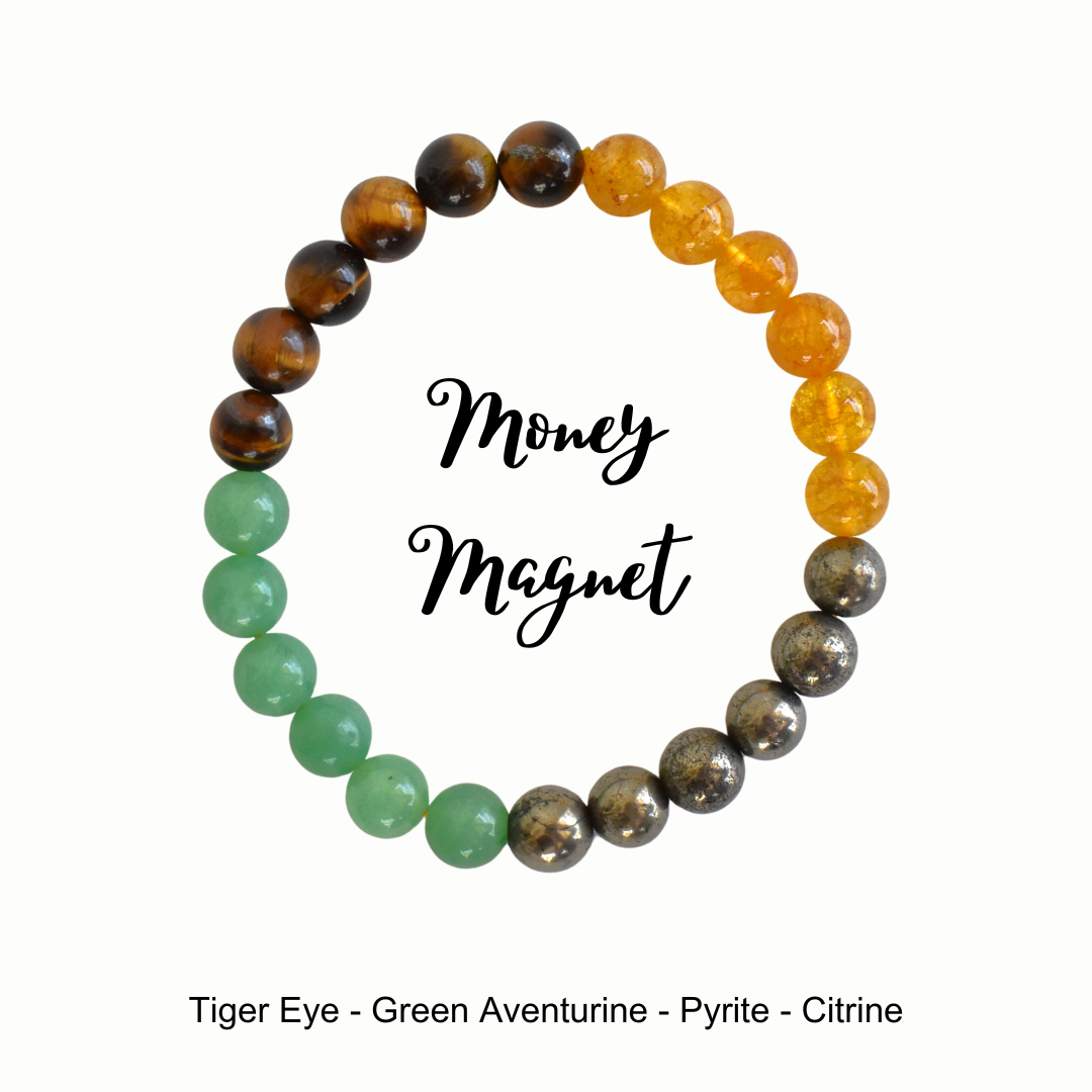 Beaded bracelet with 'Money Magnet' text on a white background