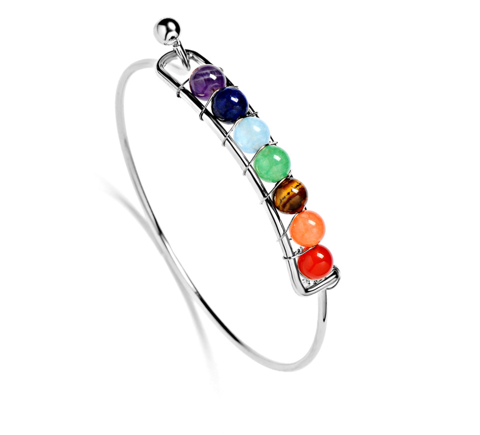 7 chakra spherical stone bracelet showing colorful healing crystals